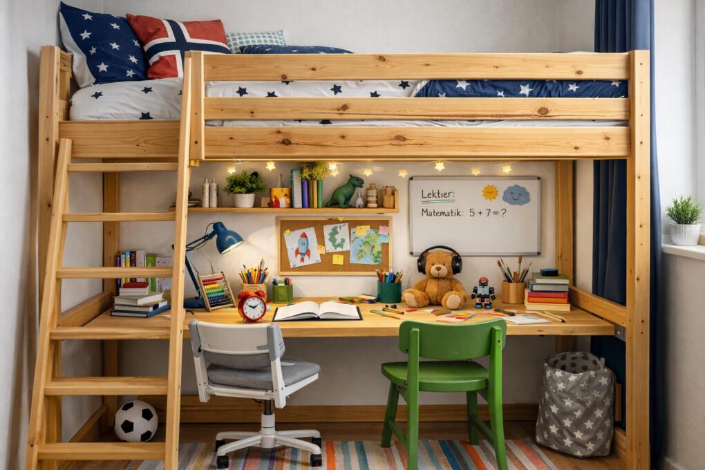 Højseng med skrivebord