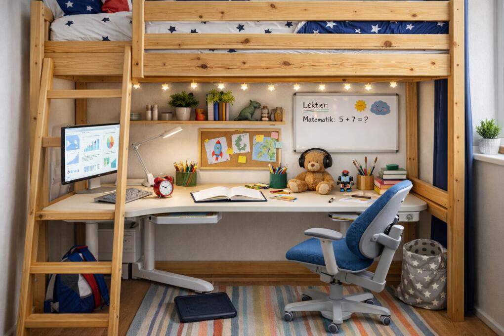 Højseng med skrivebord